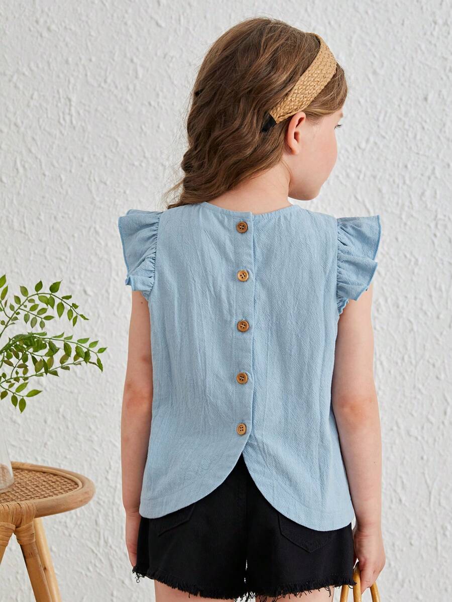 SHEIN 小女童後紐扣荷葉袖不對稱下擺襯衫 - 霧霾藍 - 查看 1