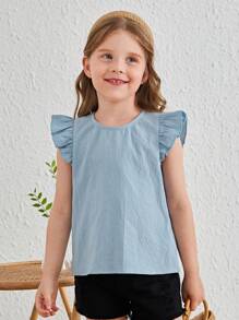 SHEIN 小女童後紐扣荷葉袖不對稱下擺襯衫 - 霧霾藍 - 查看 2