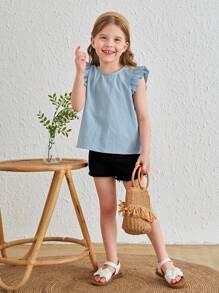 SHEIN 小女童後紐扣荷葉袖不對稱下擺襯衫 - 霧霾藍 - 查看 4