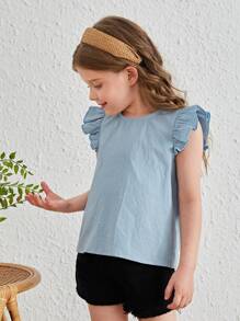 SHEIN 小女童後紐扣荷葉袖不對稱下擺襯衫 - 霧霾藍 - 查看 5