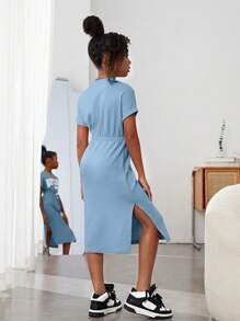 SHEIN 女孩字母圖案下擺開叉腰部抽繩連衣裙 - 淺藍色 - 查看 2