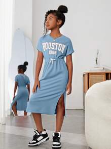 SHEIN 女孩字母圖案下擺開叉腰部抽繩連衣裙 - 淺藍色 - 查看 4