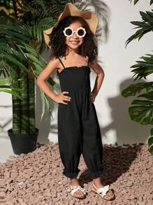 SHEIN 小女童褶邊吊帶連體褲 - 黑色 - 查看 1