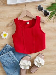 Cô gái Tween Màu thuần Thời gian rảnh rỗi Cami ngọn - Đỏ - Xem 1