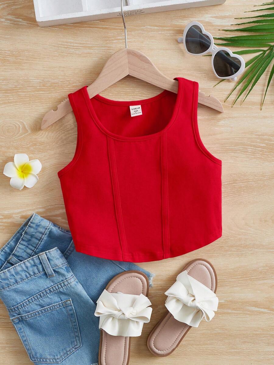 Cô gái Tween Màu thuần Thời gian rảnh rỗi Cami ngọn - Đỏ - Xem 1