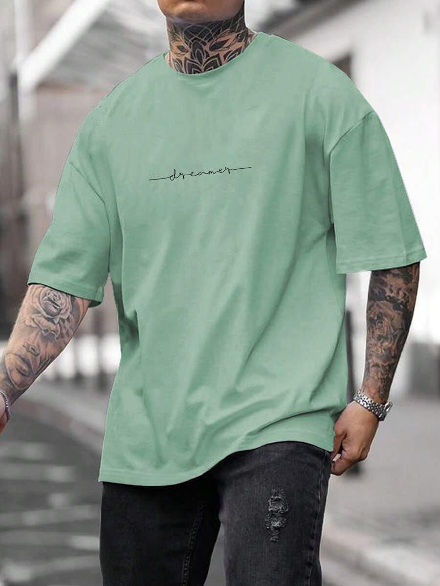 Manfinity Homme Áo thun nam họa tiết chữ rộng rãi thoải mái cho mùa hè - Màu xanh Bạc hà - Xem 1