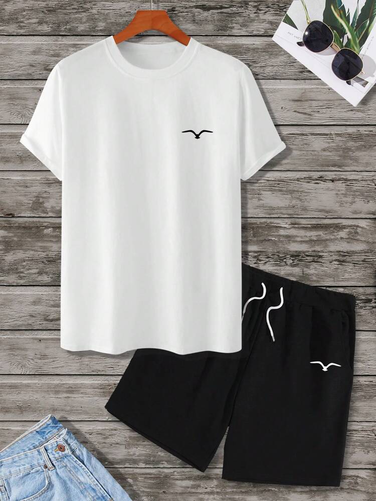 Men Bird Print Tee & Drawstring Waist Shorts, Men Summer Outfits Men T Shirt Co Ords