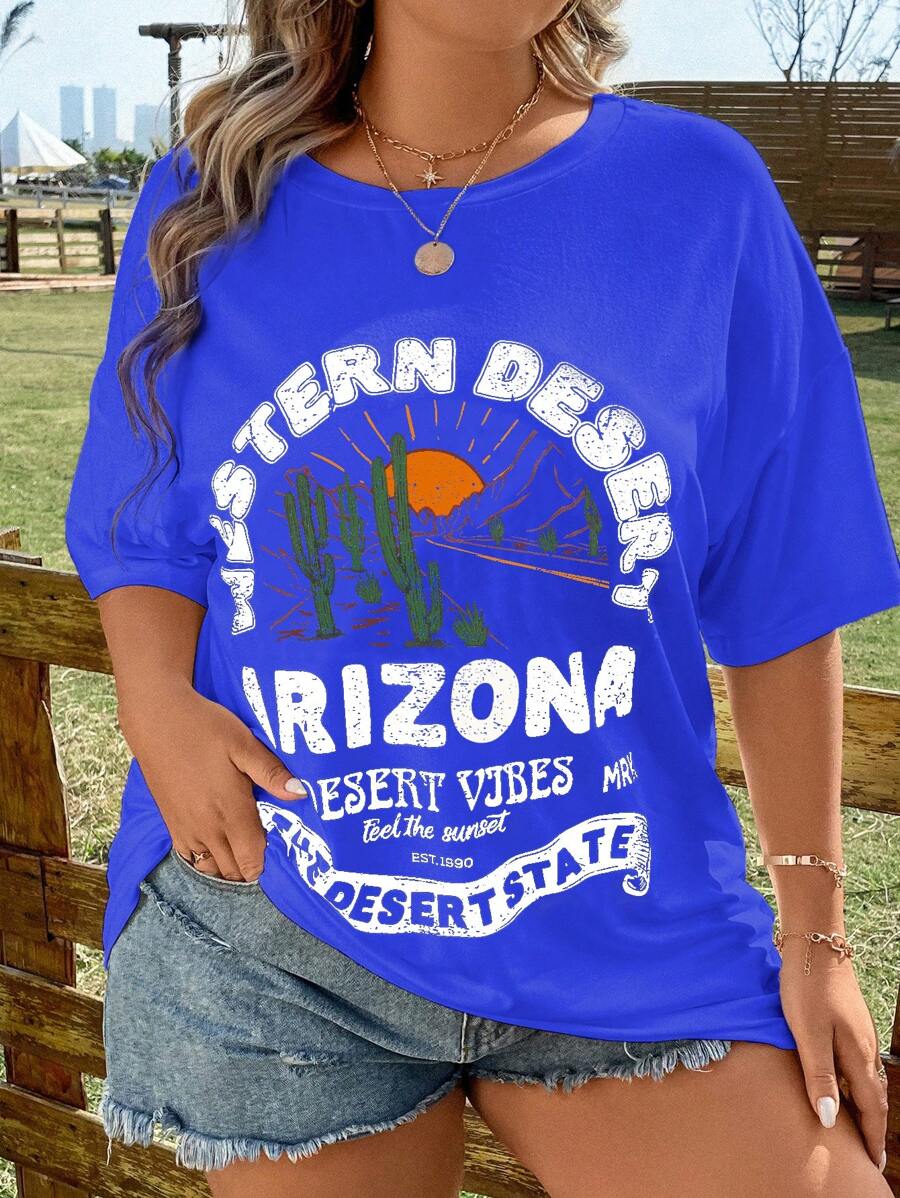 SHEIN LUNE Plus tricou cu umăr căzut cu cactus și slogan - Albastru regal - Vizualizare 1