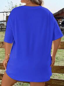 SHEIN LUNE Plus tricou cu umăr căzut cu cactus și slogan - Albastru regal - Vizualizare 2