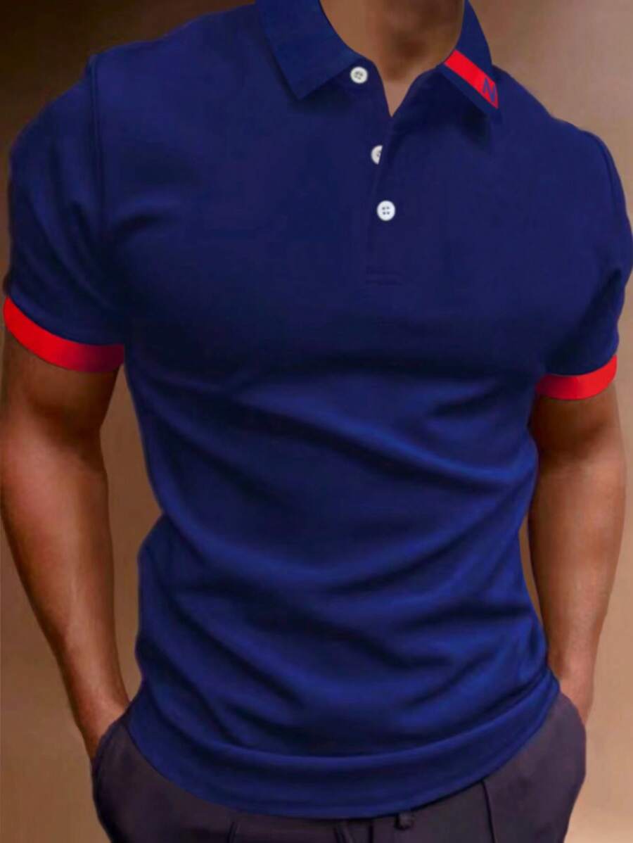 Manfinity Homme Nam Viền tương phản Áo polo - Xanh đậm - Xem 1