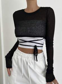 DAZY 雙色前繫帶短款毛衣 - 黑色 - 查看 1