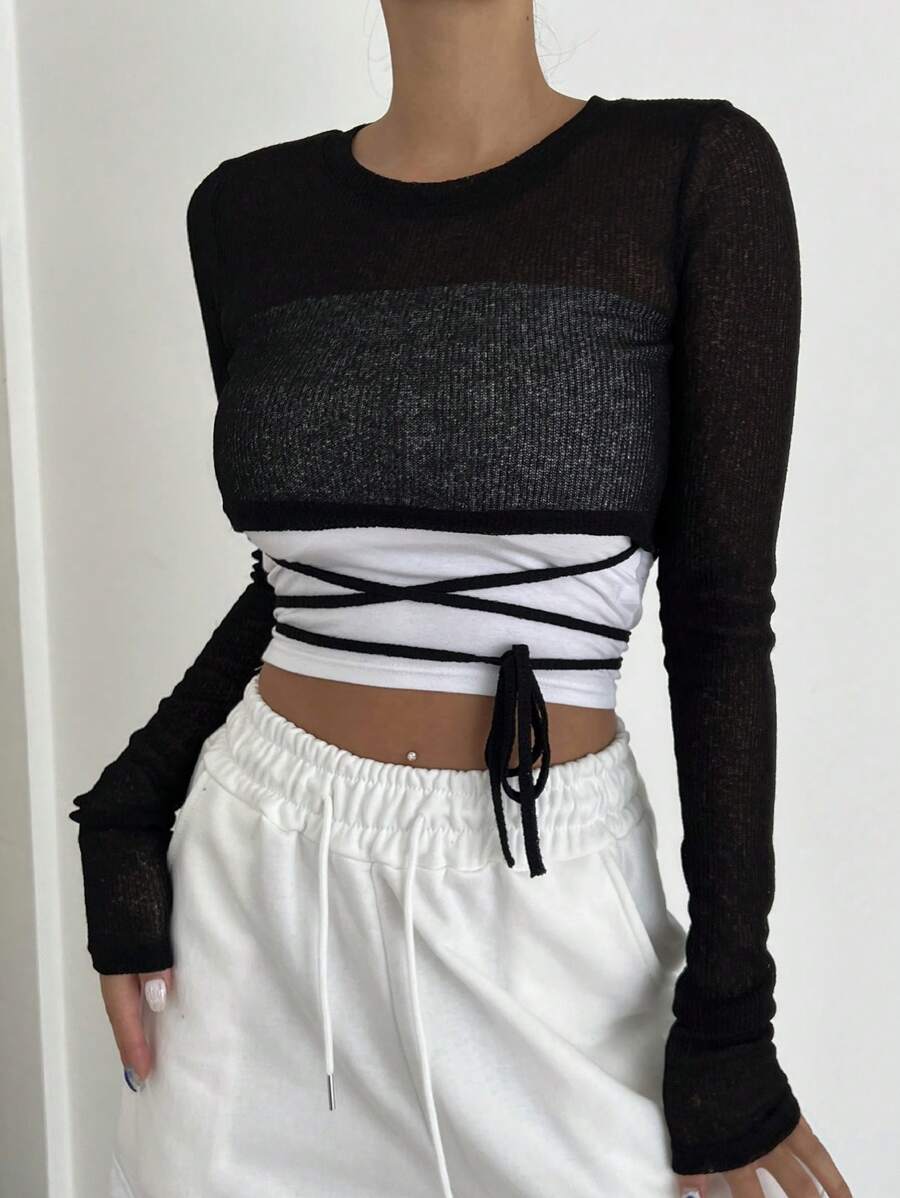 DAZY 雙色前繫帶短款毛衣 - 黑色 - 查看 1