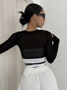 DAZY 雙色前繫帶短款毛衣 - 黑色 - 查看 2