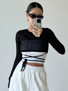 DAZY 雙色前繫帶短款毛衣 - 黑色 - 查看 3