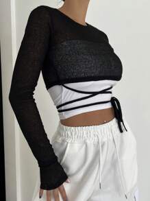 DAZY 雙色前繫帶短款毛衣 - 黑色 - 查看 6