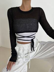 DAZY 雙色前繫帶短款毛衣 - 黑色 - 查看 8