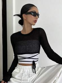 DAZY 雙色前繫帶短款毛衣 - 黑色 - 查看 9