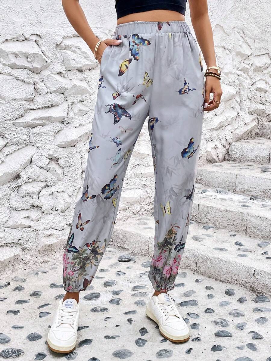 SHEIN LUNE 蝴蝶圖案斜口袋長褲 - 彩色 - 查看 1