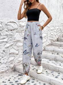 SHEIN LUNE 蝴蝶圖案斜口袋長褲 - 彩色 - 查看 4