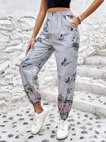 SHEIN LUNE 蝴蝶圖案斜口袋長褲 - 彩色 - 查看 5