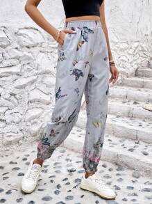 SHEIN LUNE 蝴蝶圖案斜口袋長褲 - 彩色 - 查看 6