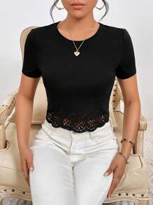 SHEIN Privé Camiseta con abertura láser - Negro - Ver 3