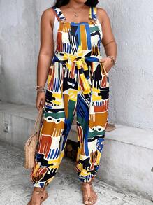 SHEIN LUNE 大碼滿版印花腰帶背帶連身褲