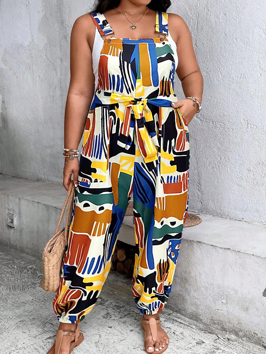 SHEIN LUNE 大碼滿版印花腰帶背帶連身褲