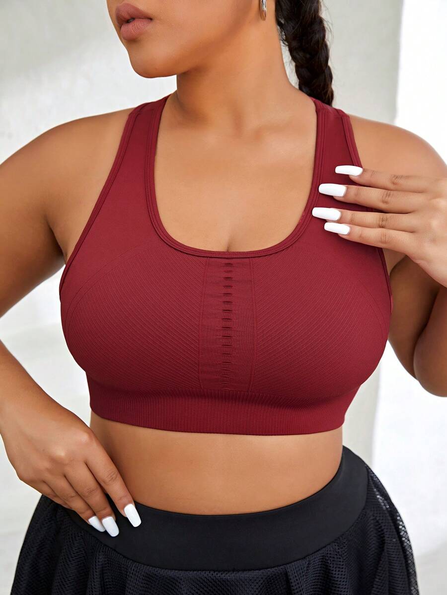 Plus Solid Racer Back Sports Bra - Burgundy - View 1