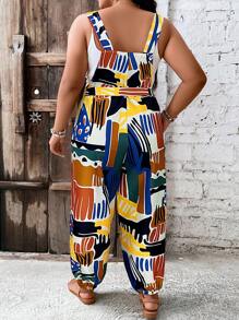 SHEIN LUNE 大碼滿版印花腰帶背帶連身褲