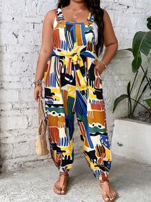 SHEIN LUNE 大碼滿版印花腰帶背帶連身褲