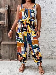 SHEIN LUNE 大碼滿版印花腰帶背帶連身褲