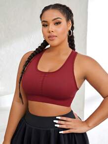 Plus Solid Racer Back Sports Bra - Burgundy - View 5
