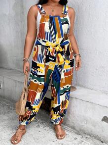 SHEIN LUNE 大碼滿版印花腰帶背帶連身褲