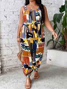 SHEIN LUNE 大碼滿版印花腰帶背帶連身褲