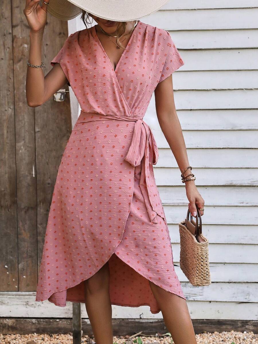 SHEIN LUNE Chấm Swiss tay cánh Bọc Nút ven Đầm - Bụi hồng - Xem 1