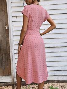 SHEIN LUNE Chấm Swiss tay cánh Bọc Nút ven Đầm - Bụi hồng - Xem 2