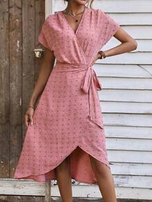 SHEIN LUNE Chấm Swiss tay cánh Bọc Nút ven Đầm - Bụi hồng - Xem 4