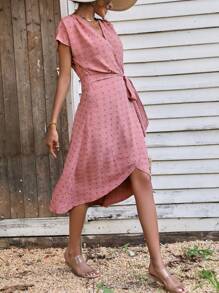 SHEIN LUNE Chấm Swiss tay cánh Bọc Nút ven Đầm - Bụi hồng - Xem 5