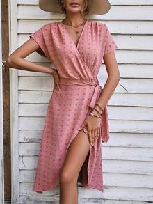 SHEIN LUNE Chấm Swiss tay cánh Bọc Nút ven Đầm - Bụi hồng - Xem 6