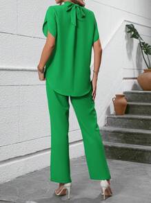 SHEIN LUNE 小高領蝙蝠袖襯衫和褲子 - 綠色 - 查看 2