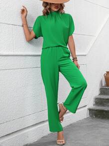SHEIN LUNE 小高領蝙蝠袖襯衫和褲子 - 綠色 - 查看 5
