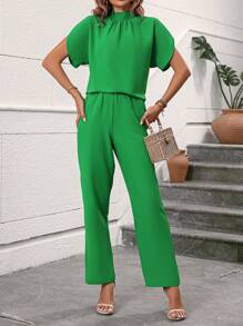 SHEIN LUNE 小高領蝙蝠袖襯衫和褲子 - 綠色 - 查看 6