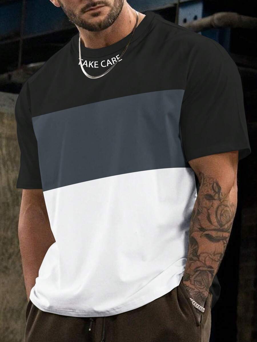 Manfinity Homme 男士大码撞色字母圖案T恤 - 黑色 - 查看 1