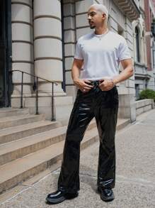 Manfinity EMRG Men Solid PU Leather Trousers Without Belt - Black - View 1