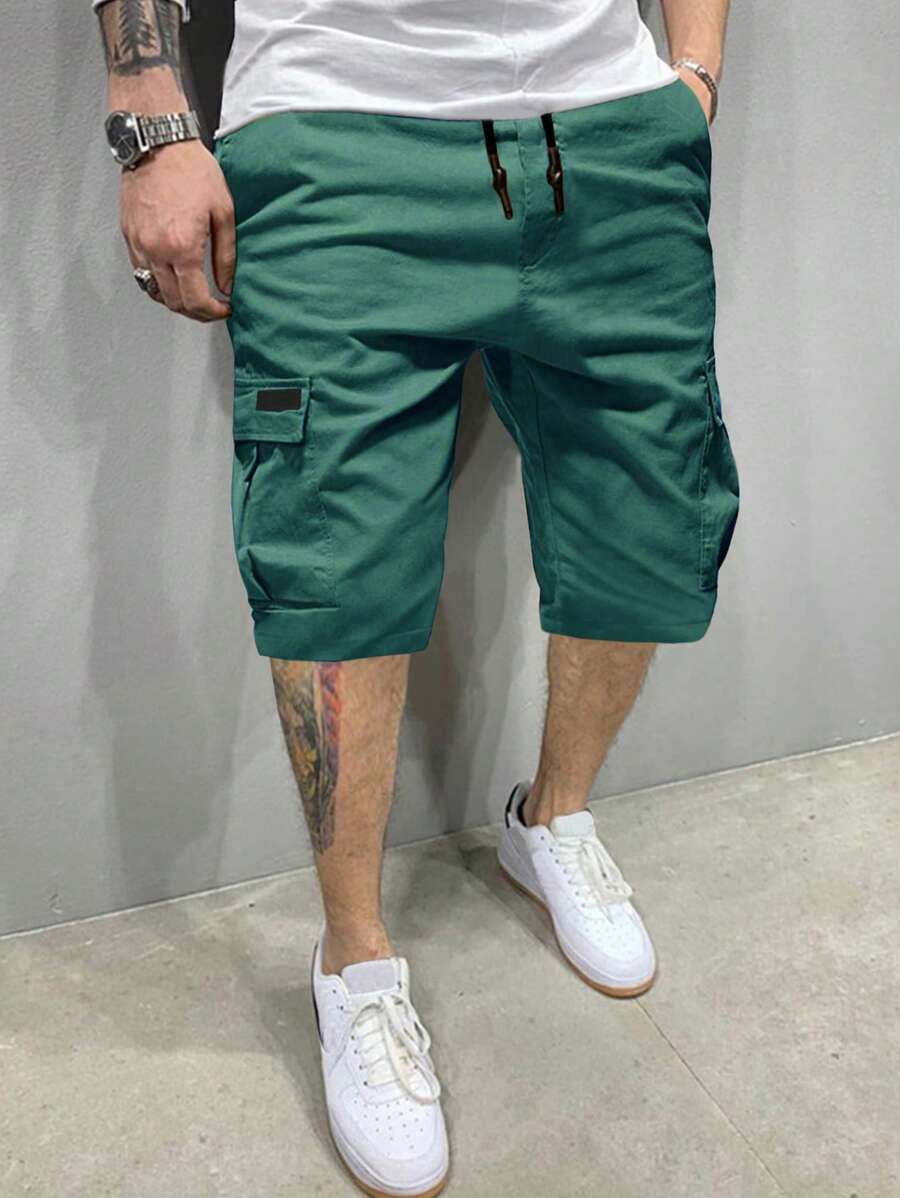 Men Flap Pocket Drawstring Waist Loose Cargo Shorts - Green - View 1