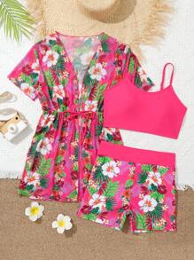 Teen Girl Tropical Print Bikini Sets With Kimono - Hot Pink - View 1