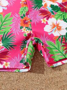 Teen Girl Tropical Print Bikini Sets With Kimono - Hot Pink - View 4