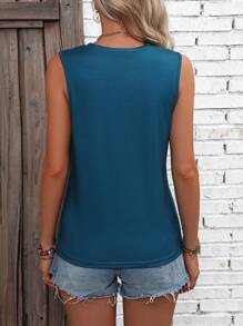 SHEIN LUNE 树叶印花背心 图案 T 恤 女式上衣 - 水鴨藍 - 查看 2