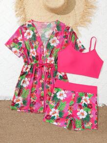 Teen Girl Tropical Print Bikini Sets With Kimono - Hot Pink - View 5